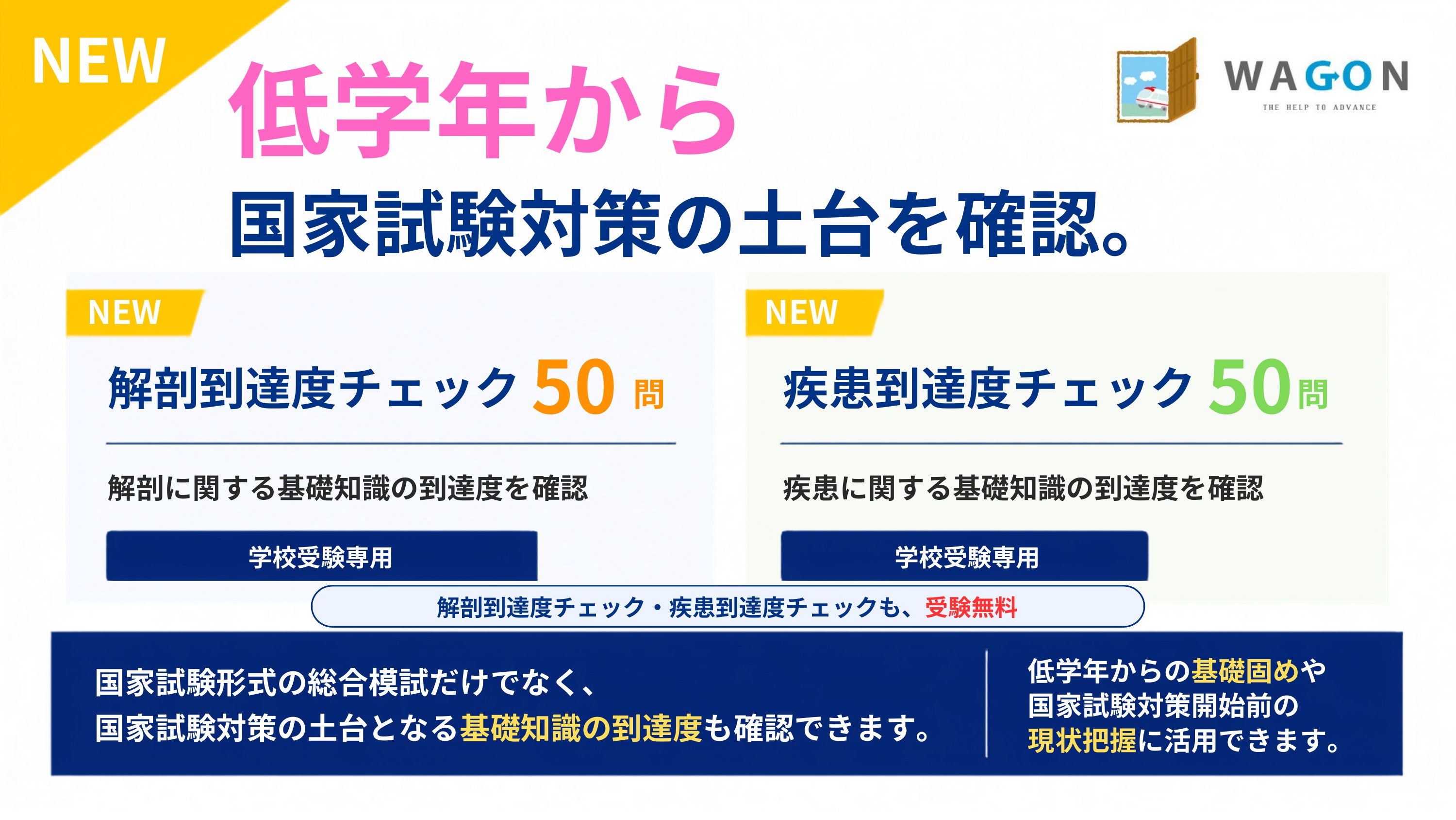 低学年から国家試験対策の土台を確認できる解剖到達度チェック・疾患到達度チェック(各50問・学校受験専用・受験無料)